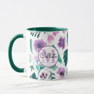 Caneca Violet Hunter Tropical Watercolor Flowers Monogram