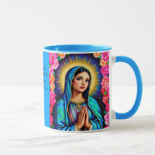 Caneca Virgem Mary Prayer Rosa Floral Blue Café
