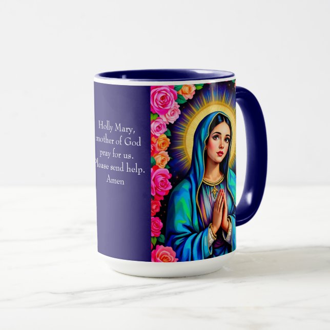 Caneca Virgem Mary Prayer Rosa Floral Blue Café (Frente Esquerda)