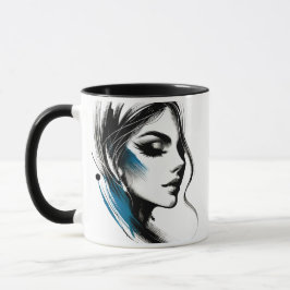Caneca Visage d'une femme en noir et bleu.