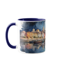 Vista Noturna de Watercolor City com Lago, Barco d