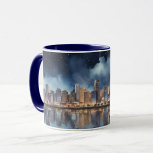 Caneca Vista Noturna de Watercolor City com um lago