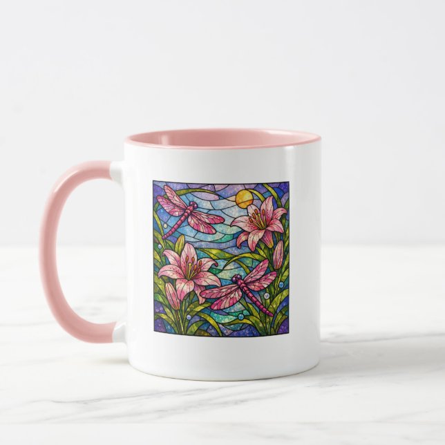 Caneca Vitraux Lírios e Libélulas Rosa (Esquerda)
