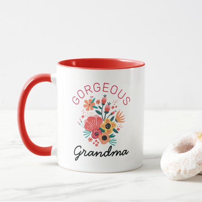 Caneca Vovó linda retro Floral Personalizar Flor (Com Donut)