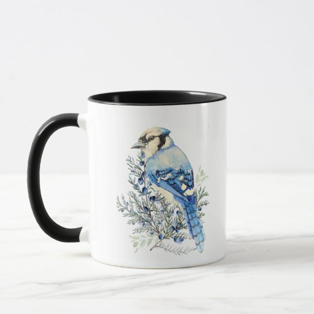 Caneca Watercolor Blue Jay Bird Blueberries Country Art (Esquerda)