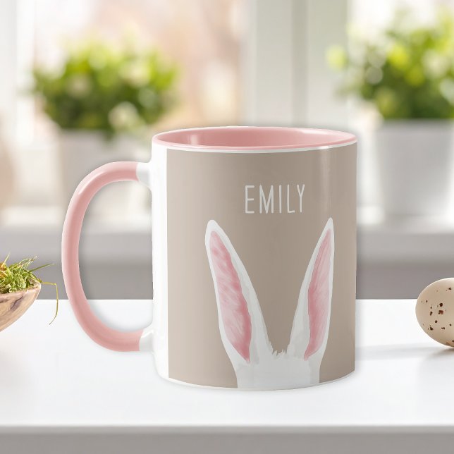 Caneca Watercolor Bunny Ears On Beige With Custom Name (Criador carregado)