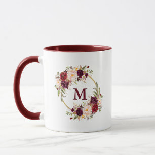 Caneca Watercolor Burgundy Círculo Floral Dourado Monogra