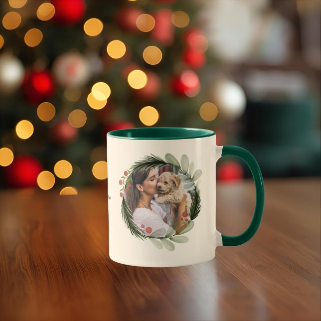 Caneca Watercolor Christmas Wreath Calliografia Dog Photo (Criador carregado)