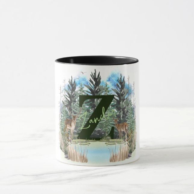 Caneca Watercolor Deer Personalizado Monograma - Letra Z (Centro)