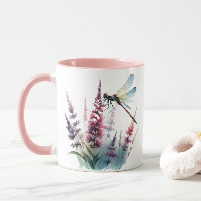 Caneca Watercolor Dragonfly Wildflower Pink Aesthetic (Com Donut)