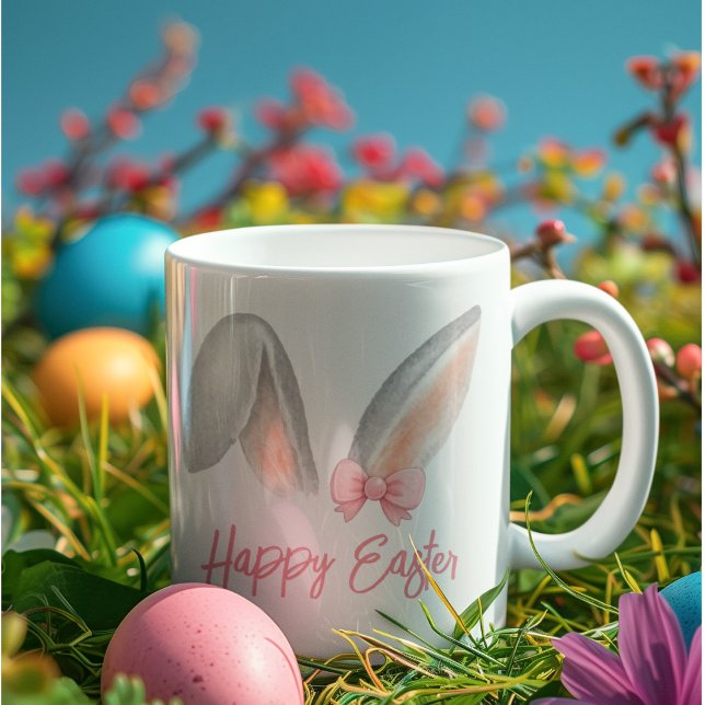 Caneca Watercolor Easter Rabbit Ears with Pink Bow Spring (Criador carregado)