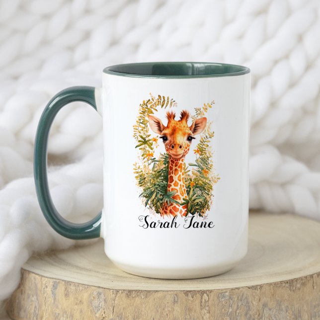 Caneca Watercolor Floral Cuja Bebê Giraffe Safari Animal (Criador carregado)