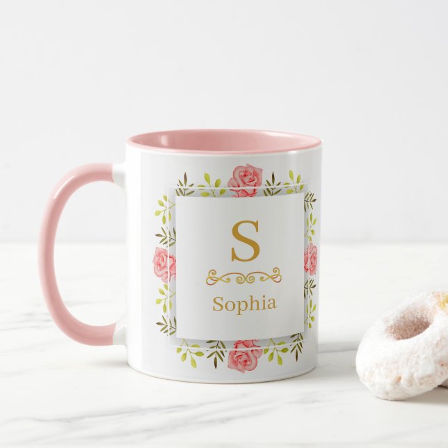 Caneca Watercolor Floral Monogram I Custom Gold Initial (Com Donut)