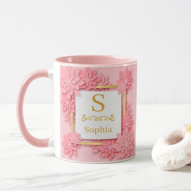 Caneca Watercolor Floral Monogram I Custom Gold Initial (Com Donut)