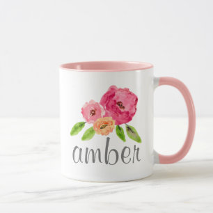 Caneca Watercolor Floral Personalizado Name Girly Monogra