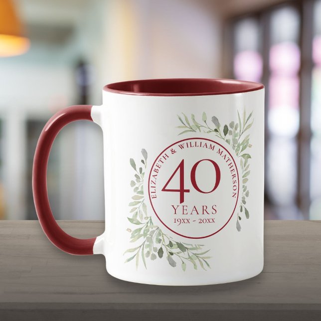 Caneca Watercolor Greenery deixa 40 anos (Soft Watercolour Leaves 40th Anniversary Mug)