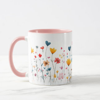 Caneca Watercolor Heart WildFlowers Valentines Mug