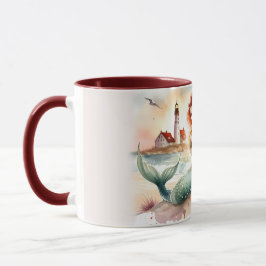 Caneca Watercolor Mermaid by Lighthouse Shore