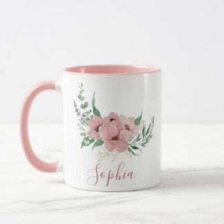 Caneca Watercolor Pink Flowers Name Mug