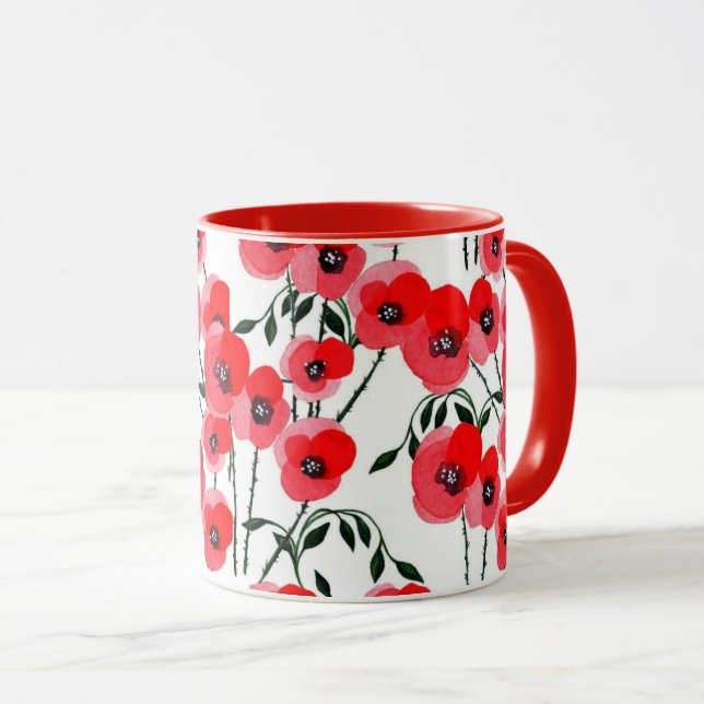 Caneca Watercolor poppy flowers botanical (Frente Esquerda)