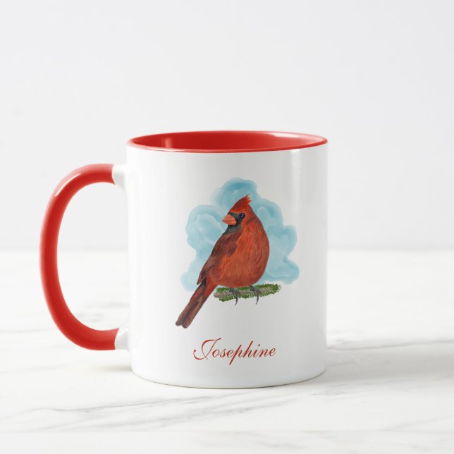 Caneca Watercolor Red Cardinal Bird With Name (Esquerda)