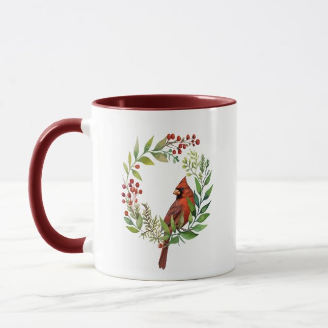 Caneca Watercolor Red Cardinal Bird Wreath Christmas (Esquerda)
