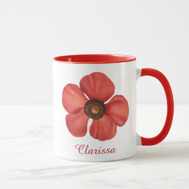 Caneca Watercolor Red Poppy Anemone Flower Monograma Nome (Direita)