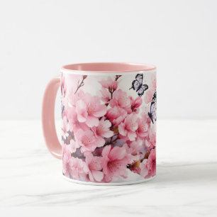Caneca Watercolor Sakura Cherry Blossom Butflies Mug