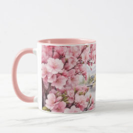 Caneca Watercolor Sakura Cherry Blossom e Mountain View
