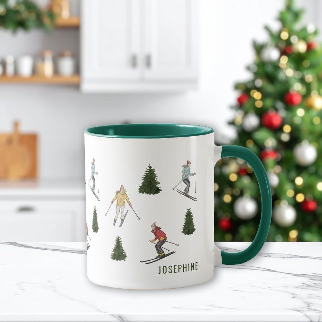 Caneca Watercolor Skiers And Fir Trees With Name Festive (Criador carregado)