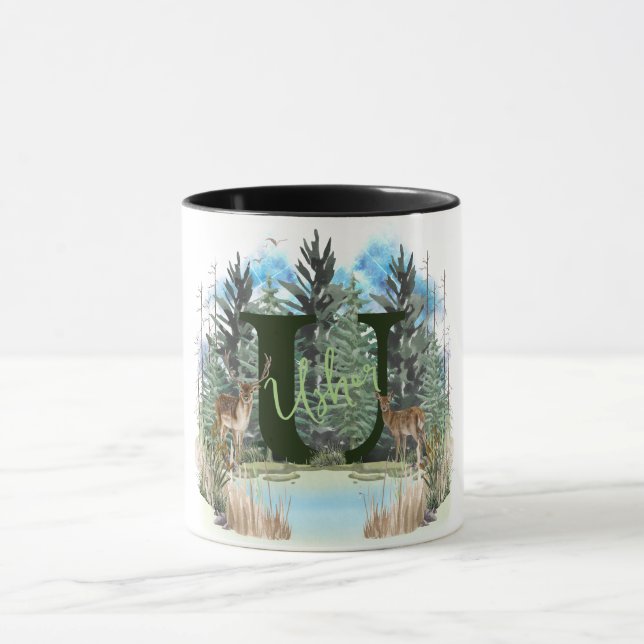 Caneca Watercolor Veer Personalizado Monograma - Letra U (Centro)