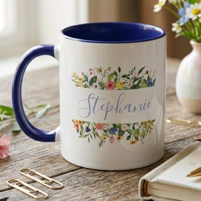 Caneca Watercolor Wildflower – Personalized Name (Personalized wildflower coffee mug for friend)