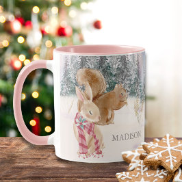 Caneca Watercolor Winter Rabbit Squirrel Woodlands Name