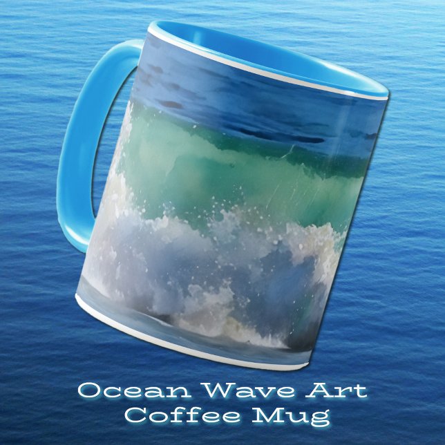 Caneca Wave Ocean Splash Beach Art Mug (A tropical ocean wave in a watercolor style art on a stylish mug.)