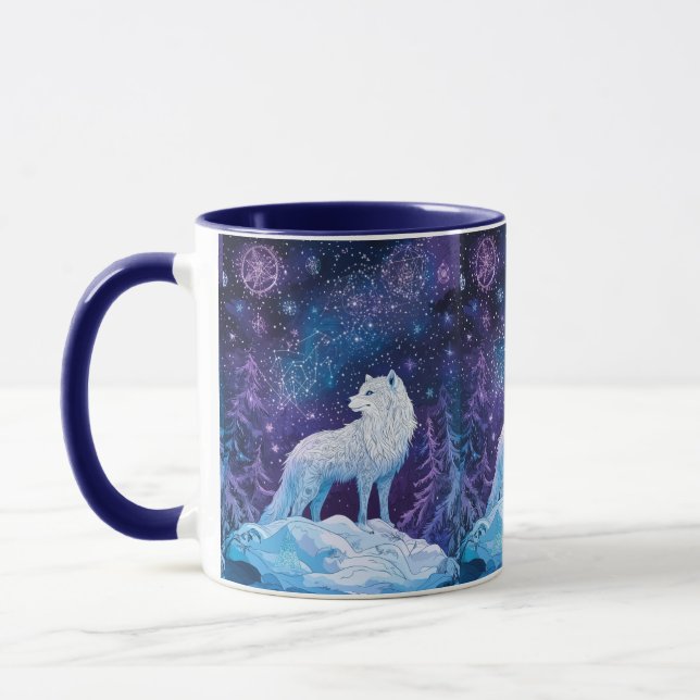 Caneca Weißer Wolf im Winter Sternenhimmel (Esquerda)