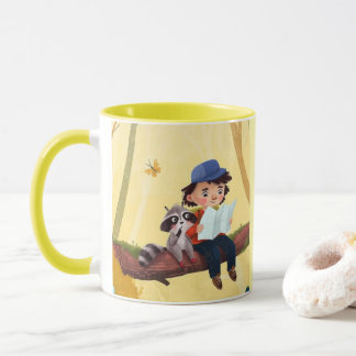 Caneca Whimsical Adventure – Boy and Raccoon in the Fores
