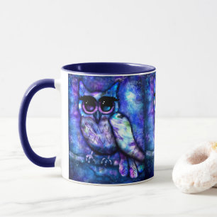Caneca Whimsical Big Eye Coruja Bird Blue Purple Night