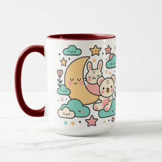 Caneca Whimsical Bunny and Bear Under Moon Illustration