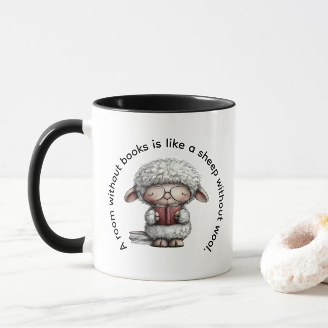 Caneca Whimsical Cute Sheep Reading a Book (Com Donut)