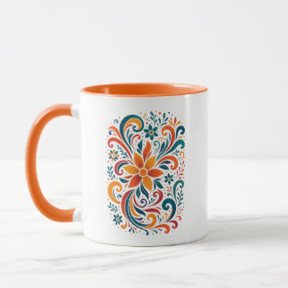 Caneca Whimsical Floral Swirl Mug - Orange  Accent Handle