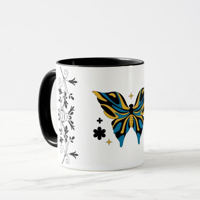Caneca Whimsical Fluttering – Blue Butterfly Floral Art (Frente Esquerda)