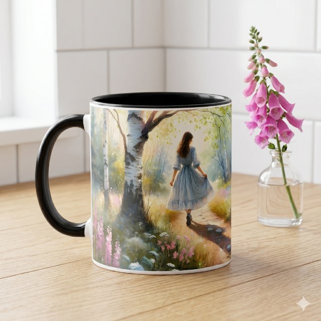 Caneca Whimsical Girl Dancing Through Birch Forest (Whimsical Girl Dancing Through Birch Forest Mug)