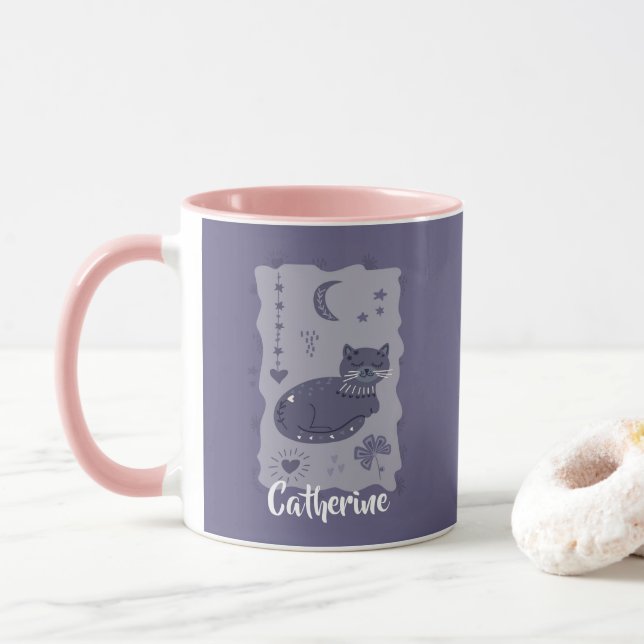 Caneca Whimsical Night Cat Folk Art Custom Mug (Com Donut)