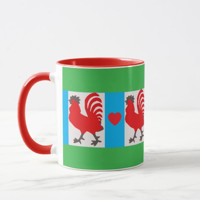 Caneca Whimsical Rooster Mug – Red, Blue, Green & Black (Esquerda)