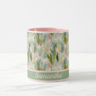 Caneca Whimsical Sage Green Floral Personalized