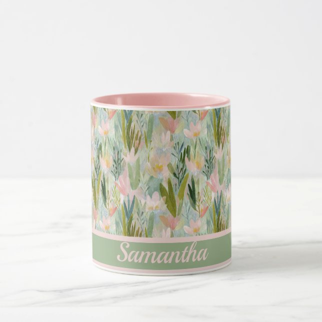 Caneca Whimsical Sage Green Floral Personalized  (Centro)
