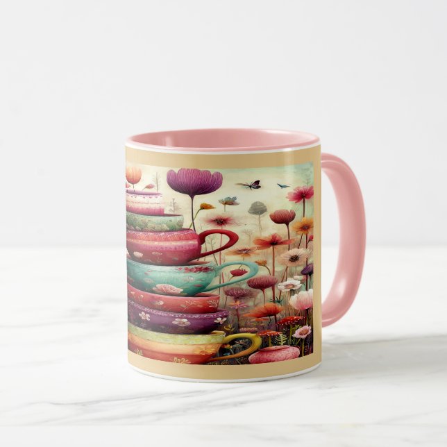 Caneca Whimsical Stacked Floral Teacups Art Mug (Frente Esquerda)