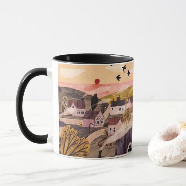 Caneca Whimsical Sunset Village Mug (Com Donut)