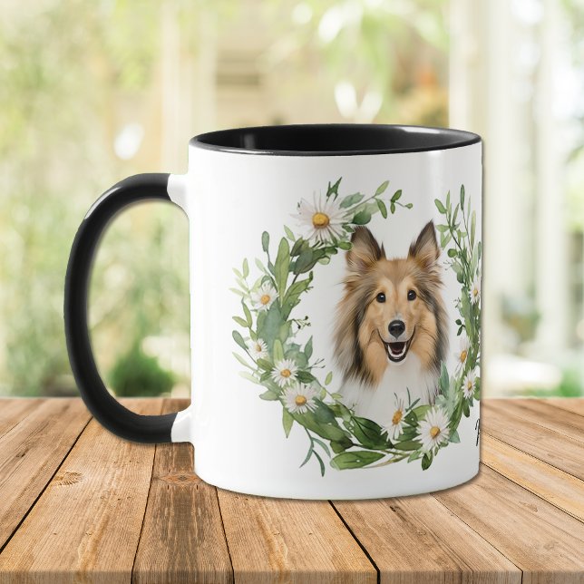 Caneca White Daisy Wreath Collie Dog (Criador carregado)