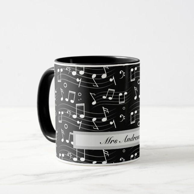 Caneca White music notes on black background  (Frente Esquerda)